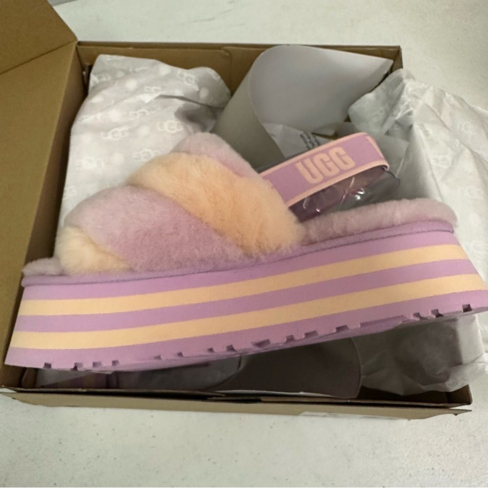 New Ugg Disco Stripe Slide Platform Sandal Slippers Purple Pink Dusk Combo - Picture 4 of 6